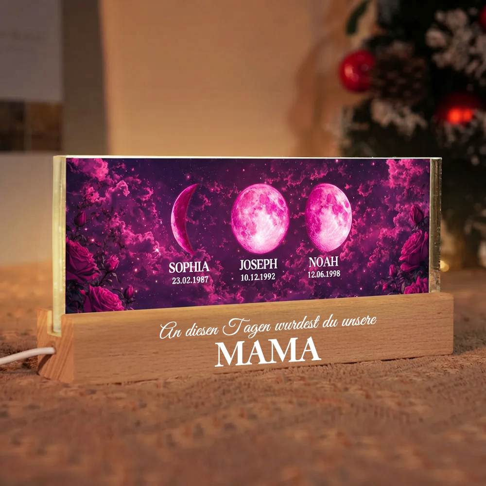 "An diesen Tagen wurdest du unsere Mama" Personalisiertes LED-Nachtlicht mit Mondphasen und Text