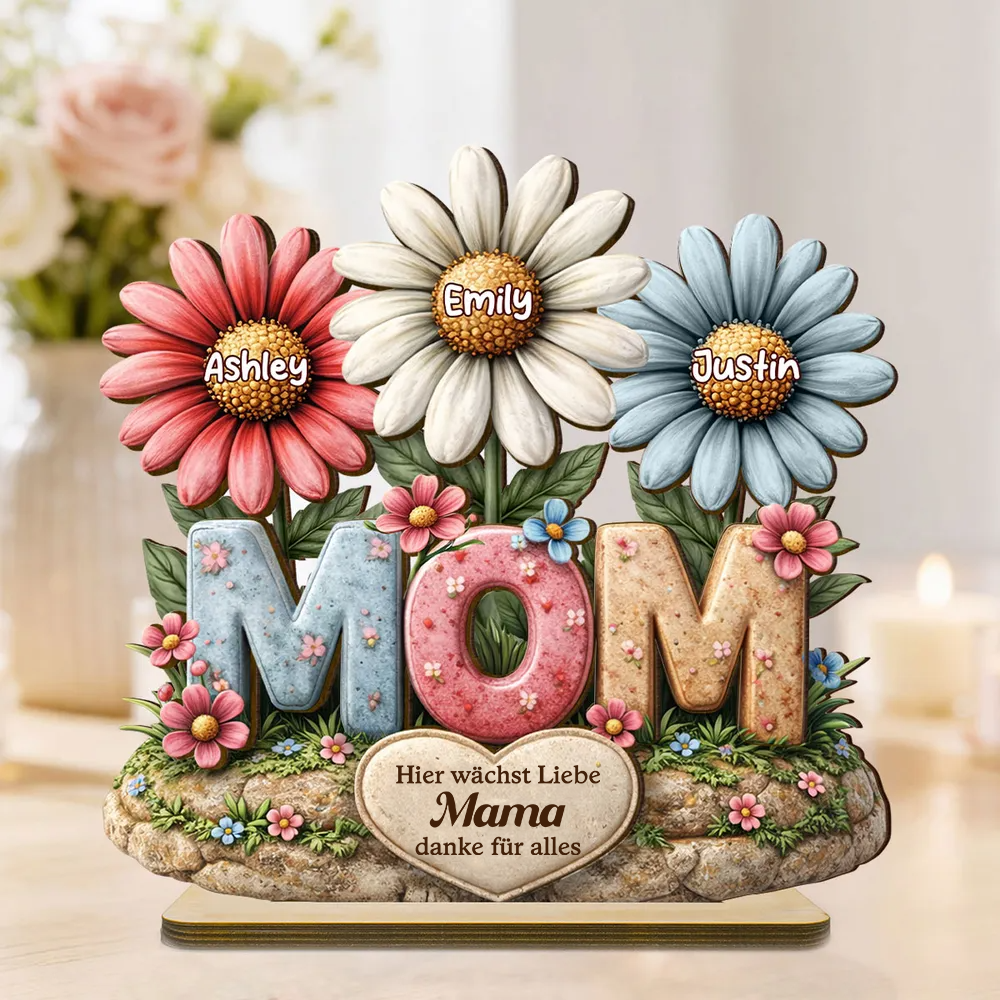 MOM-Personalisierter Holzaufsteller mit Blumen Geschenk für Mama und Oma