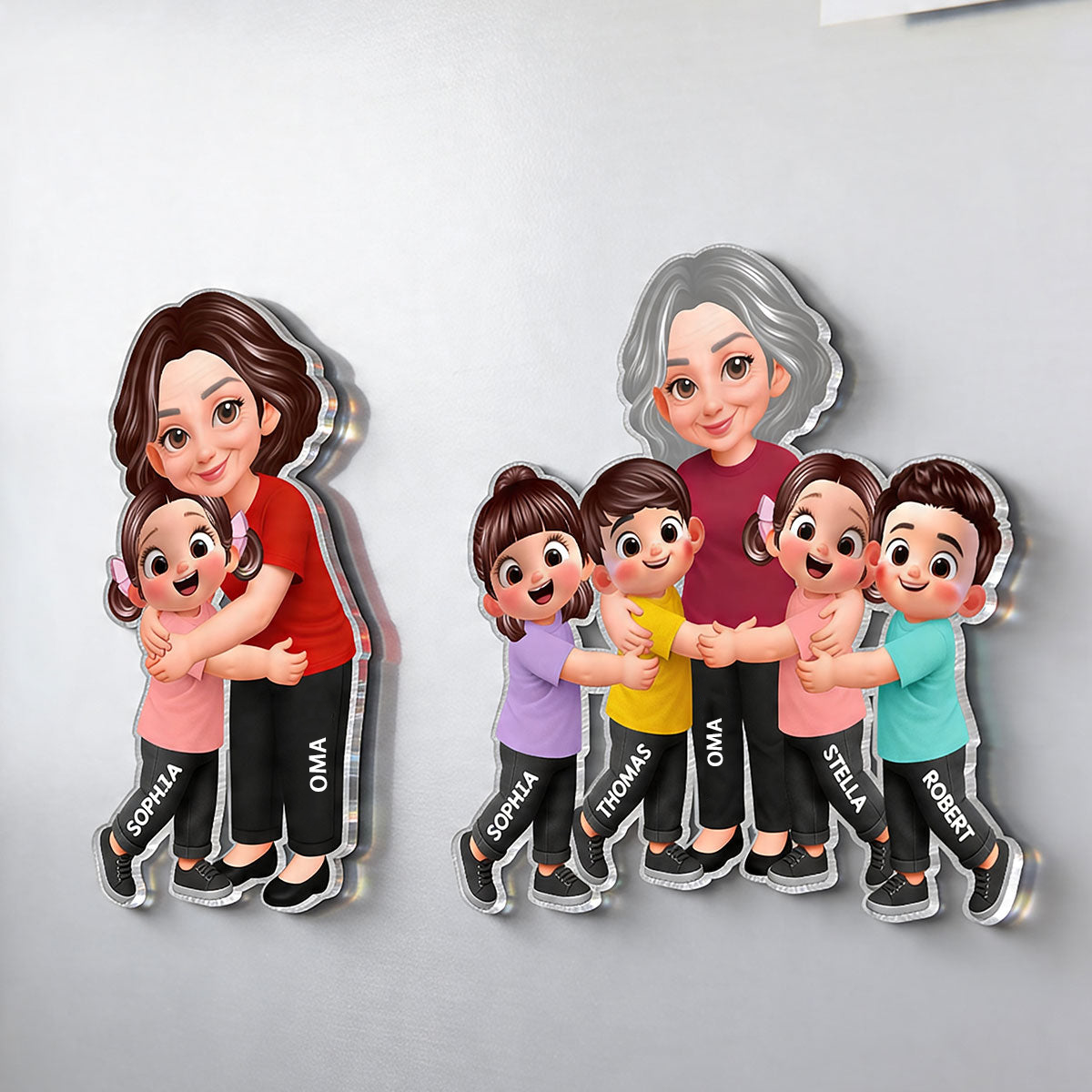 "Oma und Enkelkinder" Acryl-Kühlschrankmagnet mit Figuren und Namen