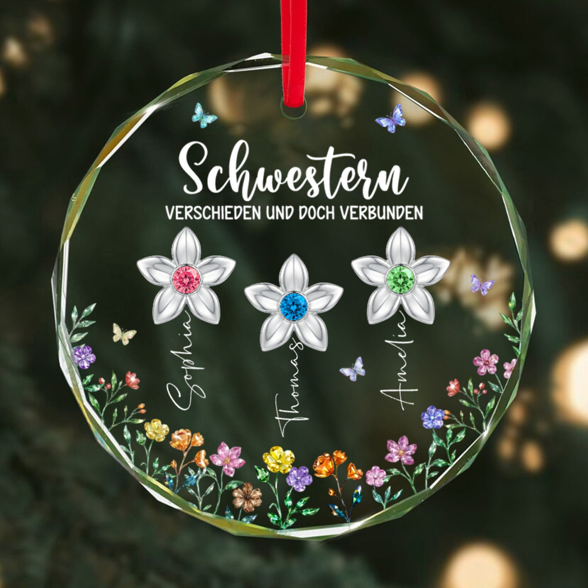 Personalisierter Glas-Weihnachtsanhänger mit Blumen – für Schwester, Freunde, Oma & Mama