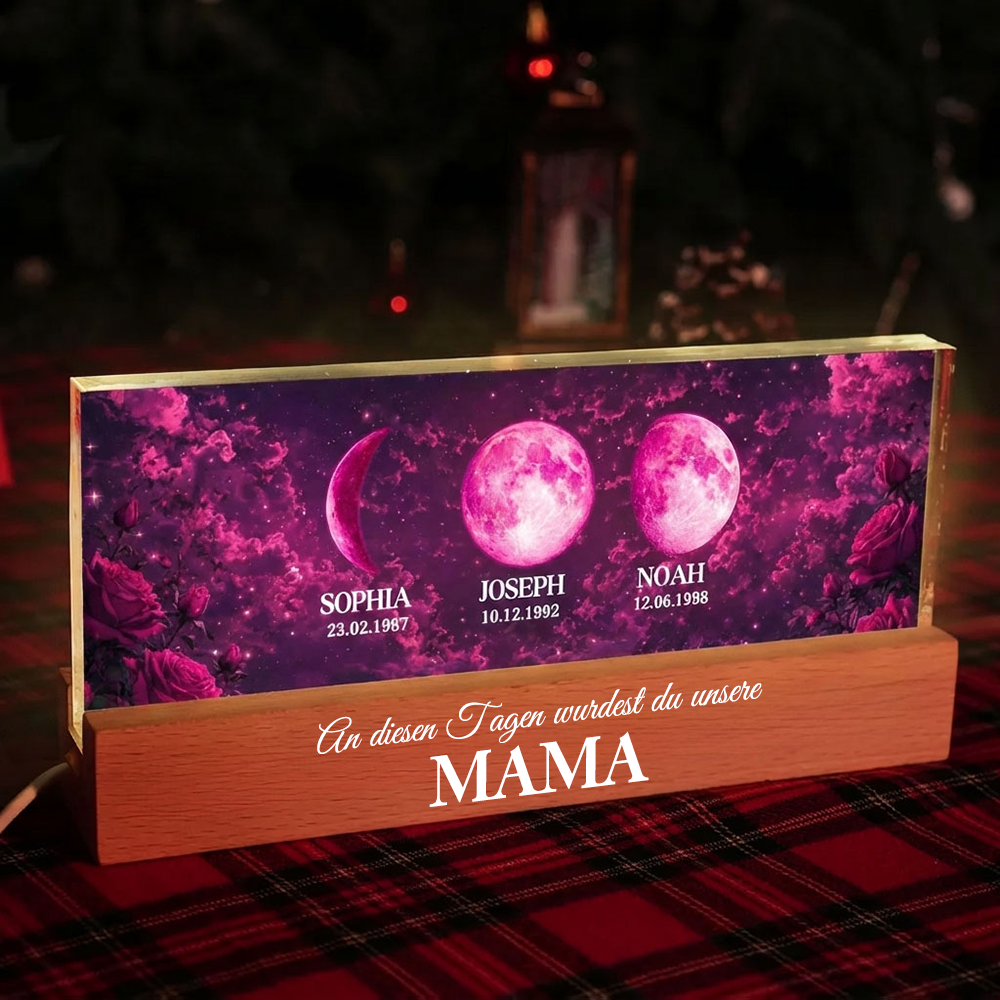 "An diesen Tagen wurdest du unsere Mama" Personalisiertes LED-Nachtlicht mit Mondphasen und Text