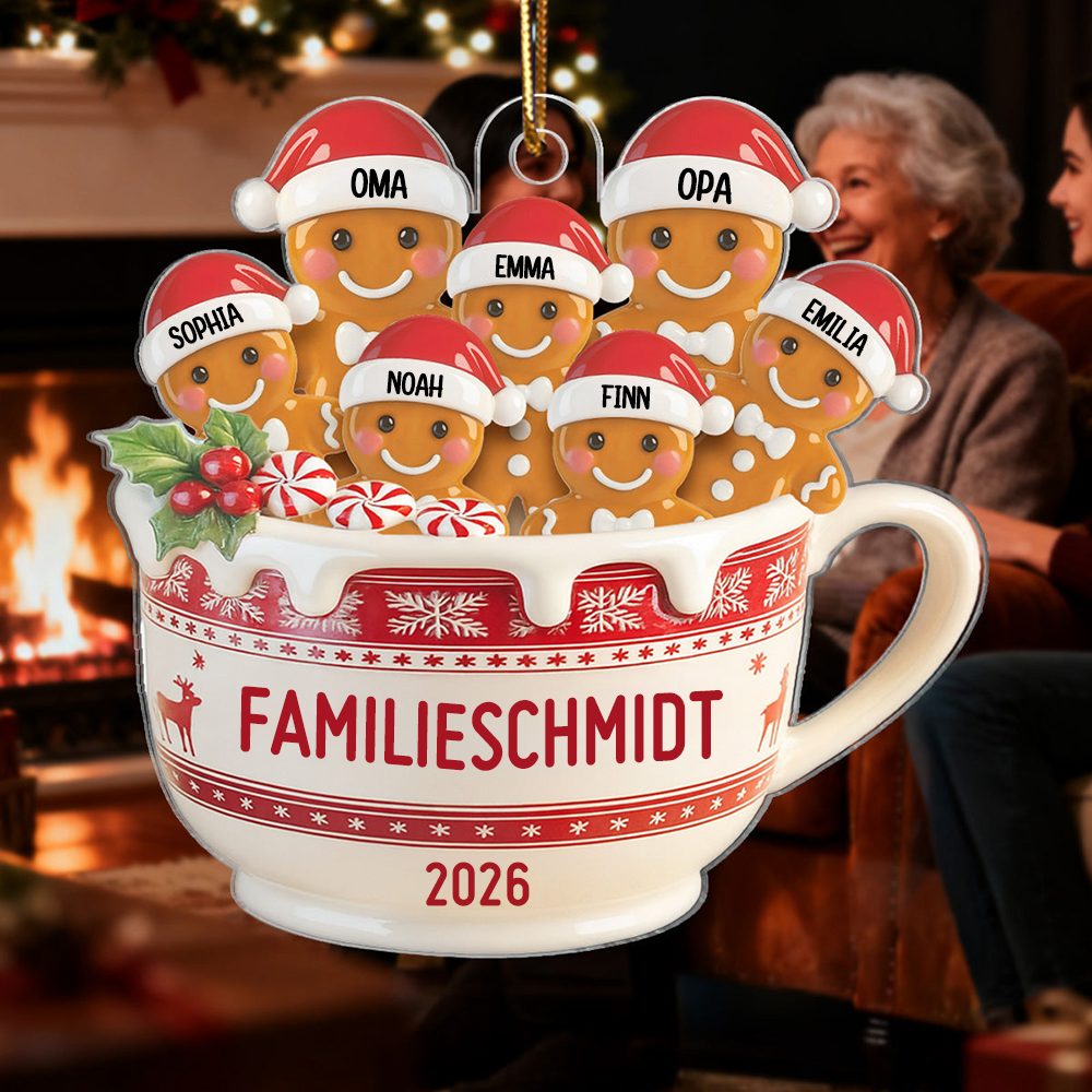 Personalisierter Acryl-Weihnachtsanhänger – Lebkuchenfamilie mit Namen
