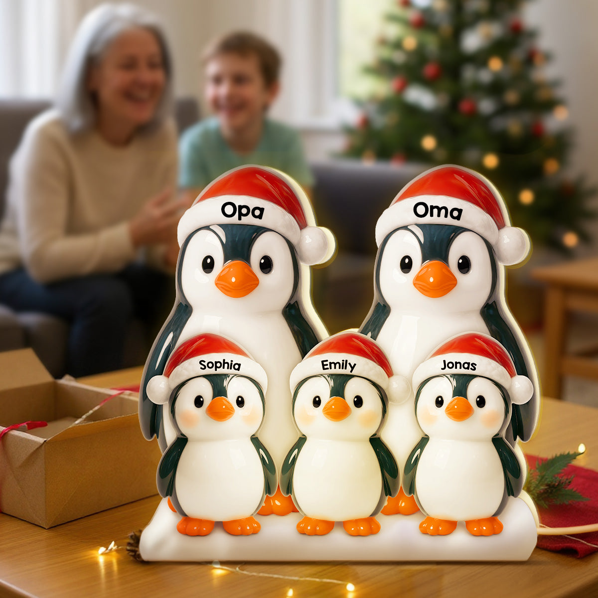 Personalisierte LED-Lichtbox für Oma & Opa – Pinguin-Motiv mit Namen
