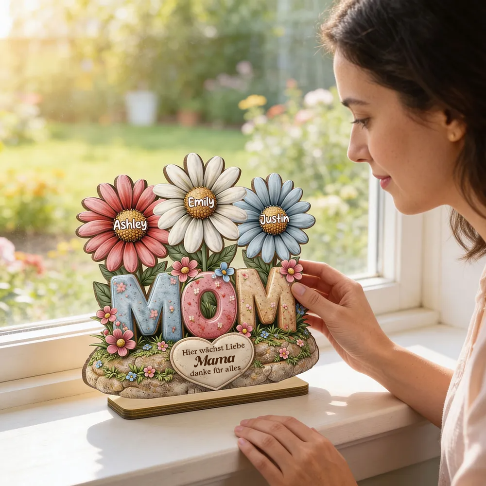 MOM-Personalisierter Holzaufsteller mit Blumen Geschenk für Mama und Oma