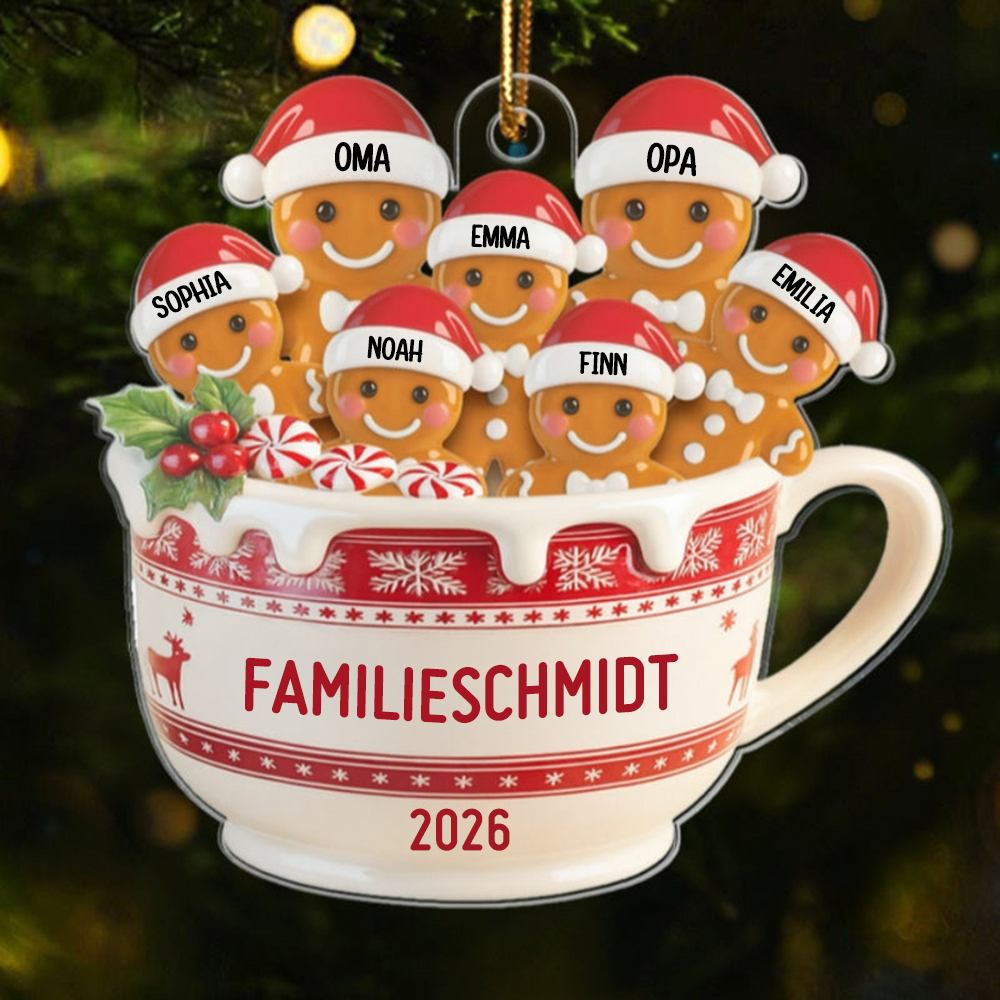 Personalisierter Acryl-Weihnachtsanhänger – Lebkuchenfamilie mit Namen