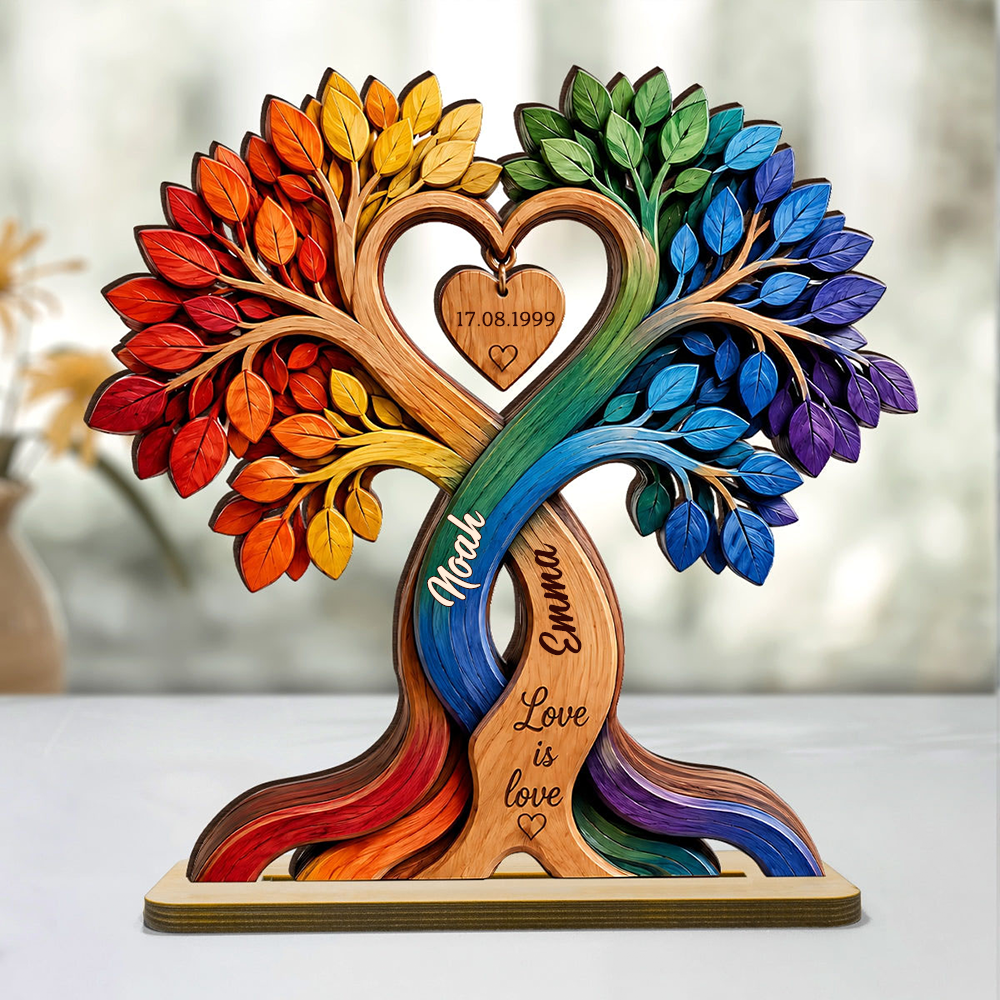 Regenbogen Herzbaum mit Namen und Jahrestag Personalisierter Holzaufsteller für Paar