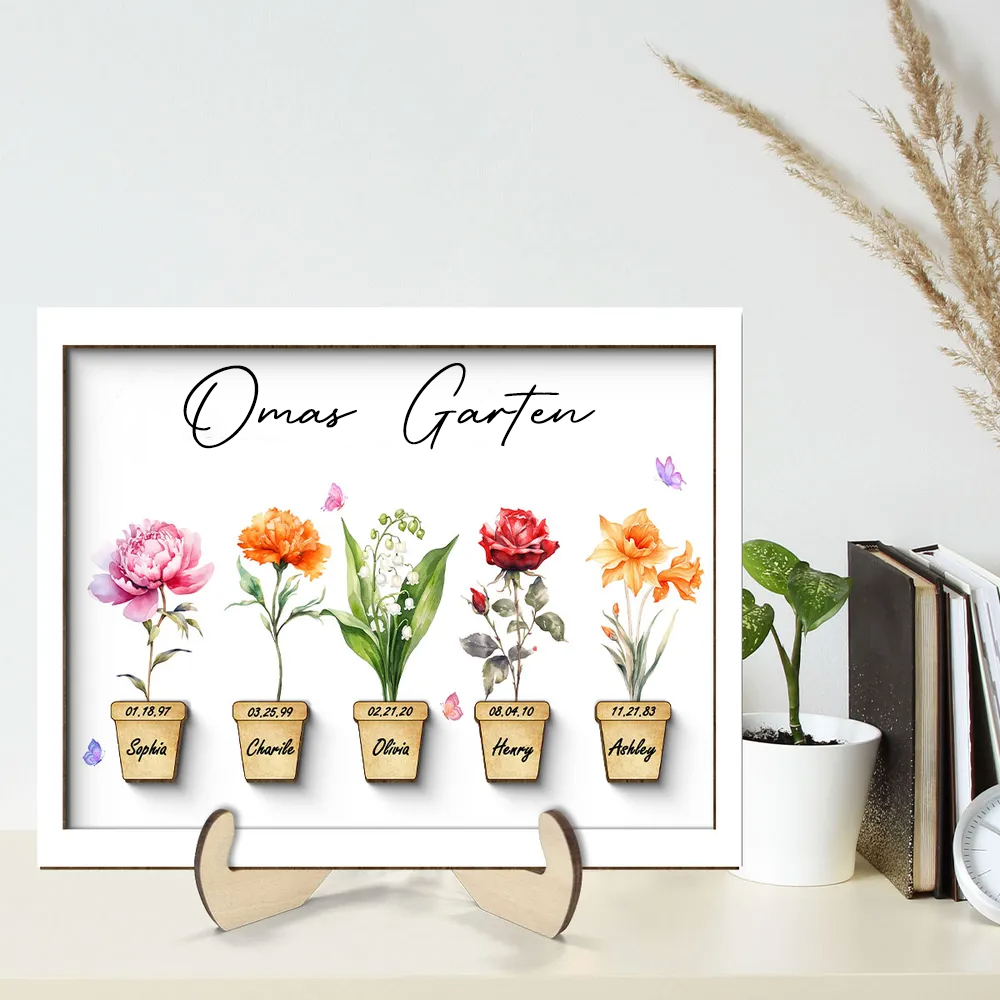 Personalisierte Holztafel mit Geburtsblumen für Oma und Mama