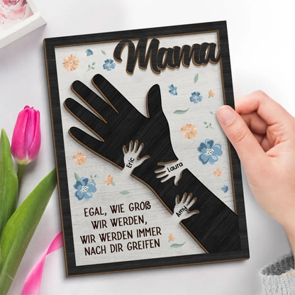 Personalisierte Holztafel mit Hände für Mama und Oma