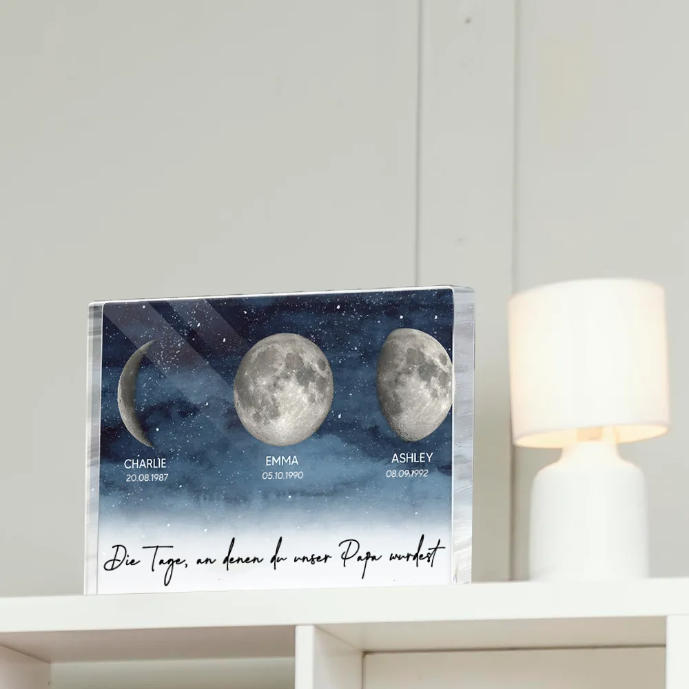 Personalisierter Acrylblock mit Mondphasen und Text Geschenk für Papa und Mama