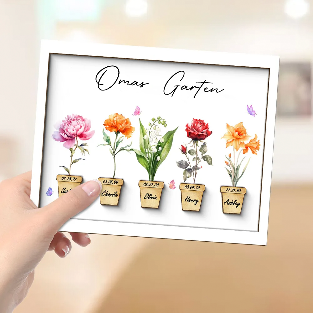 Personalisierte Holztafel mit Geburtsblumen für Oma und Mama
