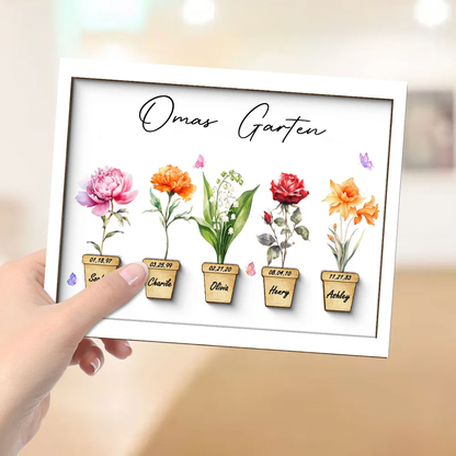 Personalisierte Holztafel mit Geburtsblumen für Oma und Mama
