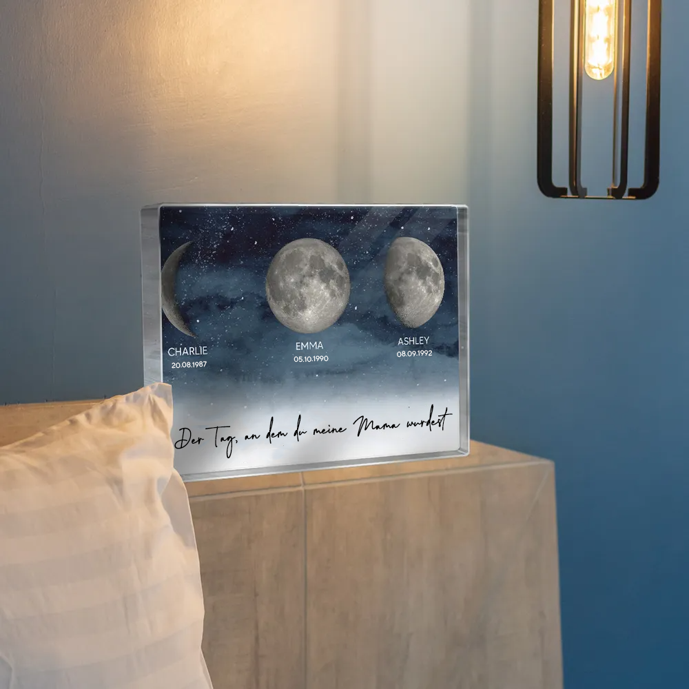 Personalisierter Acrylblock mit Mondphasen und Text Geschenk für Papa und Mama