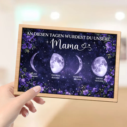 Lila Blumen und Mondphasen Personalisierter Holzaufsteller Geschenk für Mama