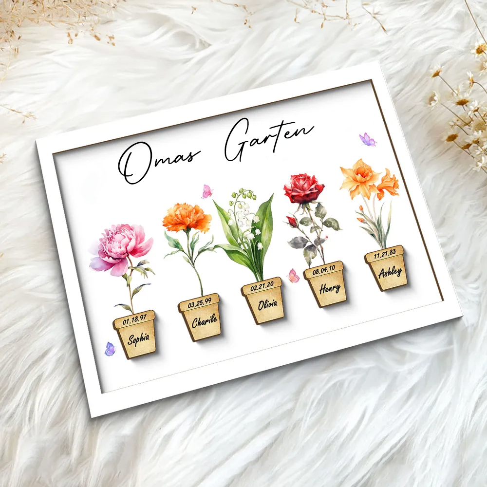 Personalisierte Holztafel mit Geburtsblumen für Oma und Mama
