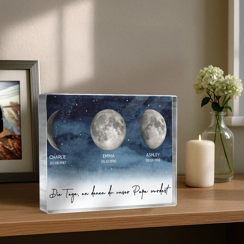 Personalisierter Acrylblock mit Mondphasen und Text Geschenk für Papa und Mama