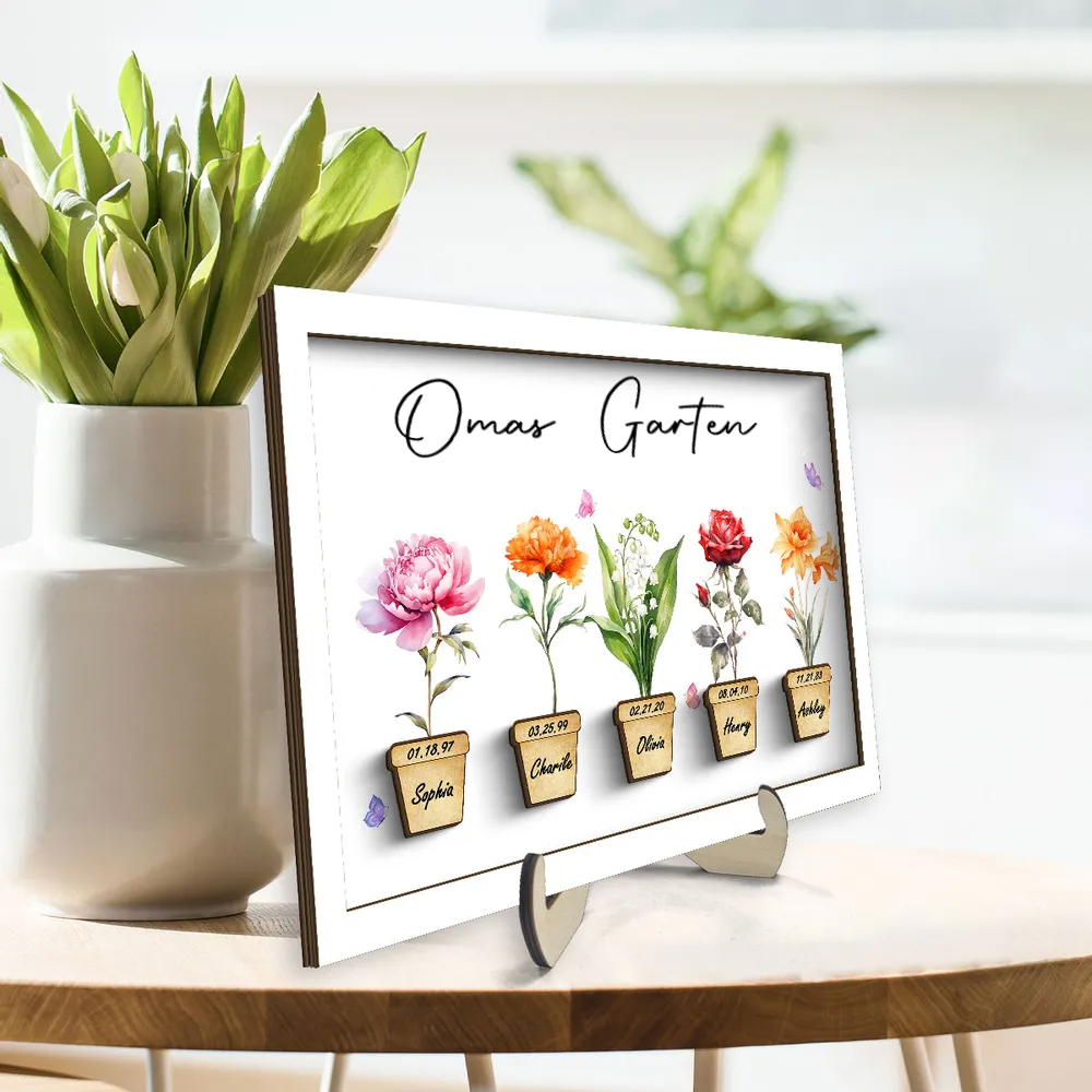 Personalisierte Holztafel mit Geburtsblumen für Oma und Mama