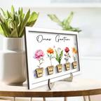 Personalisierte Holztafel mit Geburtsblumen für Oma und Mama