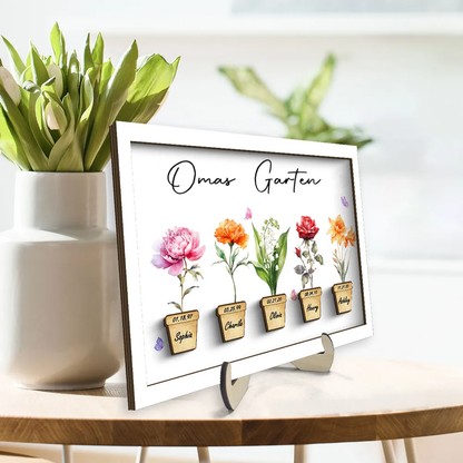 Personalisierte Holztafel mit Geburtsblumen für Oma und Mama