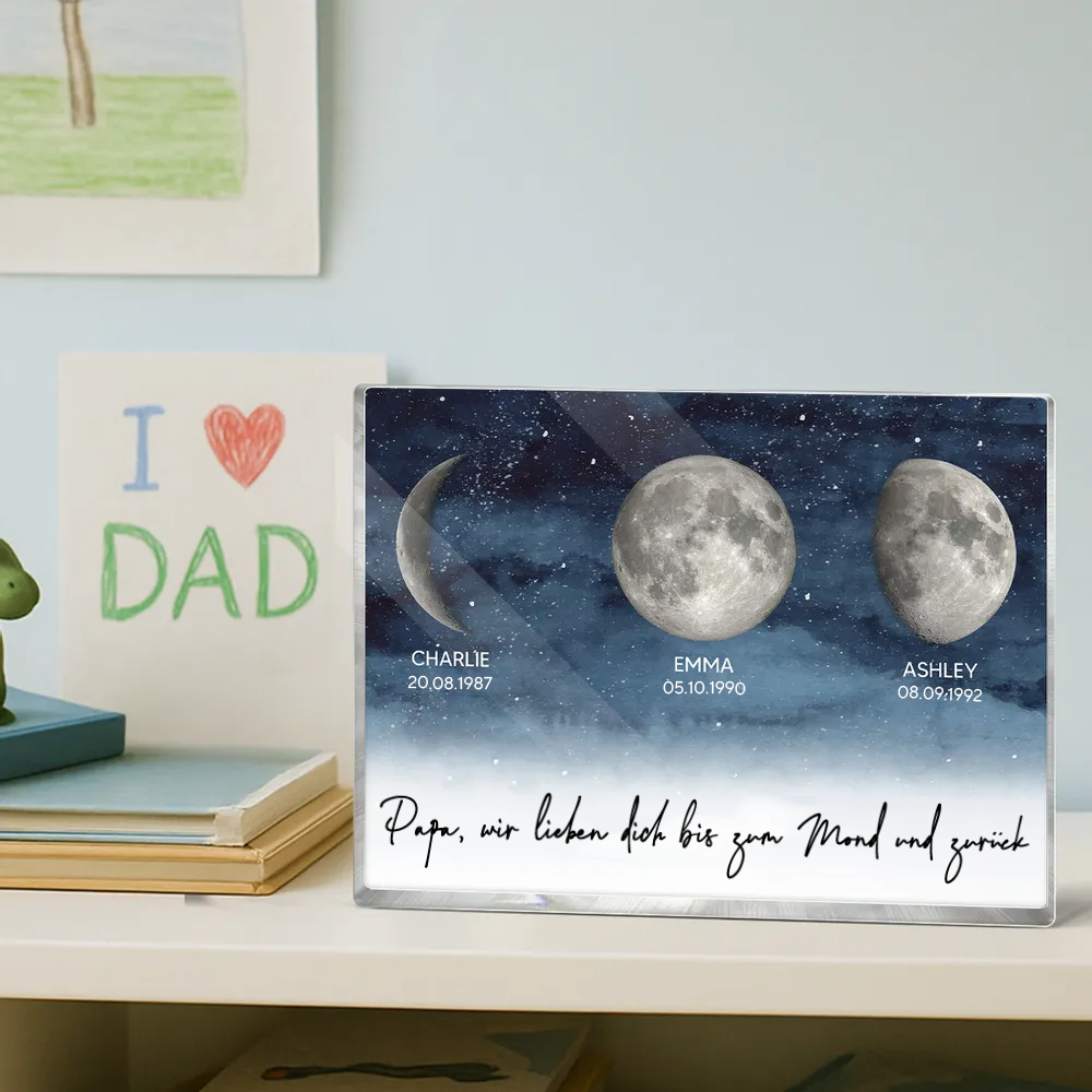 Personalisierter Acrylblock mit Mondphasen und Text Geschenk für Papa und Mama