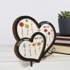 Zuerst... Jetzt...Personalisierte Doppelherz-Holztafel  mit Geburtsblumen und Namen