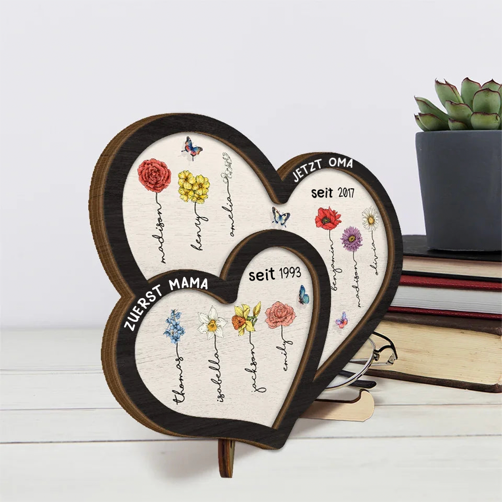 Zuerst... Jetzt...Personalisierte Doppelherz-Holztafel  mit Geburtsblumen und Namen