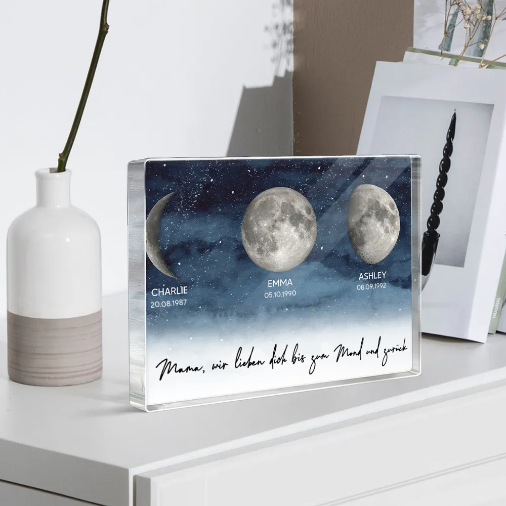 Personalisierter Acrylblock mit Mondphasen und Text Geschenk für Papa und Mama