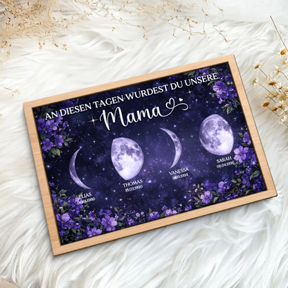 Lila Blumen und Mondphasen Personalisierter Holzaufsteller Geschenk für Mama