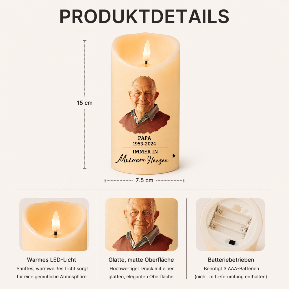 Personalisierte LED-Trauerkerze mit Foto & Spruch – beidseitig bedruckt