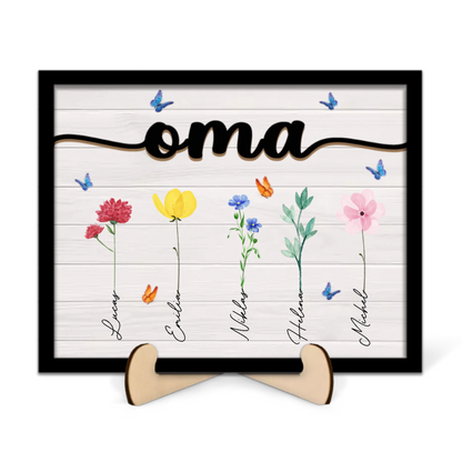 Personalisierte Holztafel mit Blumen und Namen für Oma, Opa, Mama und Papa