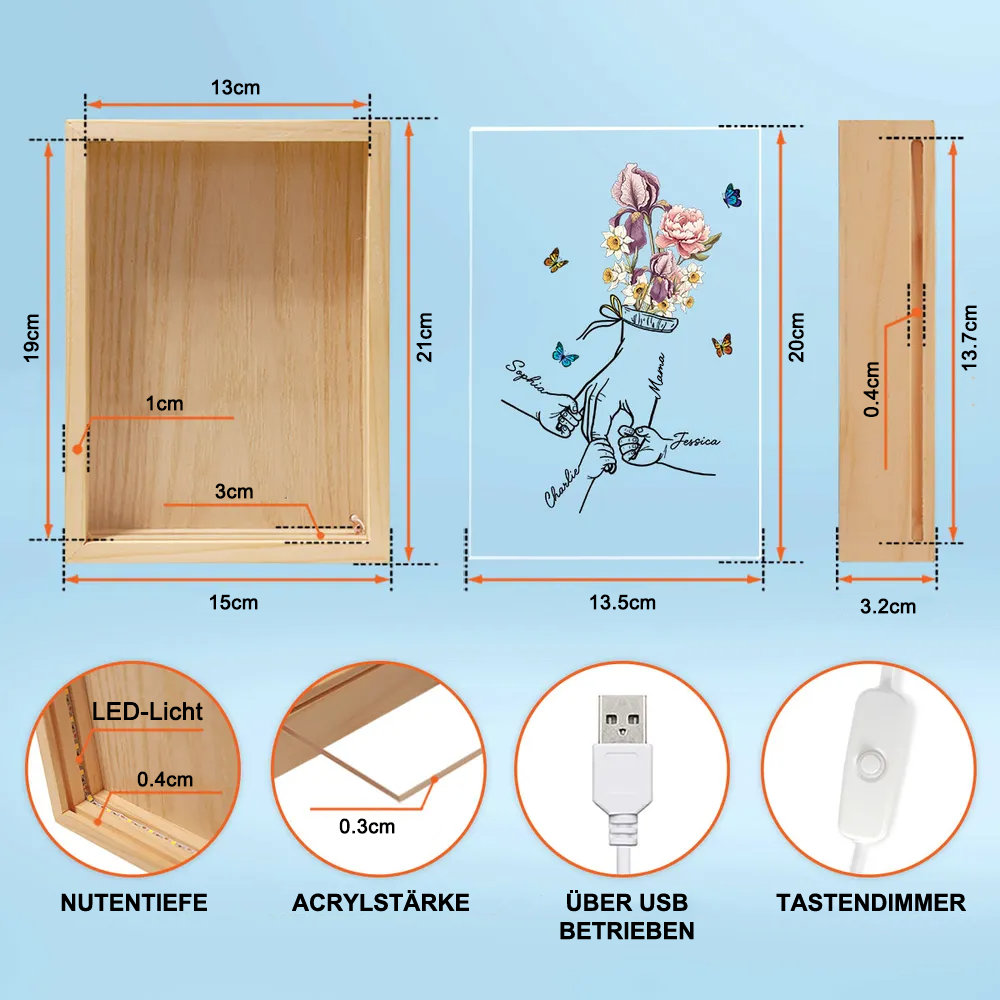 Holzrahmen-Lichtbox mit Geburtsblumen und Händen Geschenk für Mama und Oma
