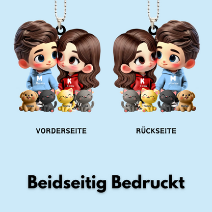 Cartoon-Paar mit Haustieren- Personalisierter Autoanhänger Geschenk für Paar