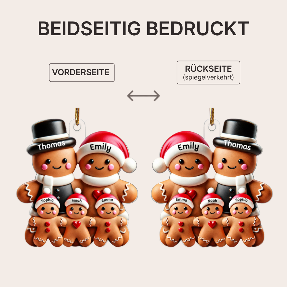 Personalisierter Acryl-Weihnachtsanhänger – Lebkuchenfamilie, beidseitig bedruckt