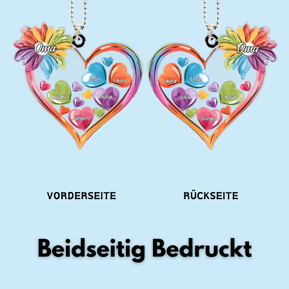Bunte Herzen-Personalisierter Autoanhänger aus Acryl für Oma und Mama