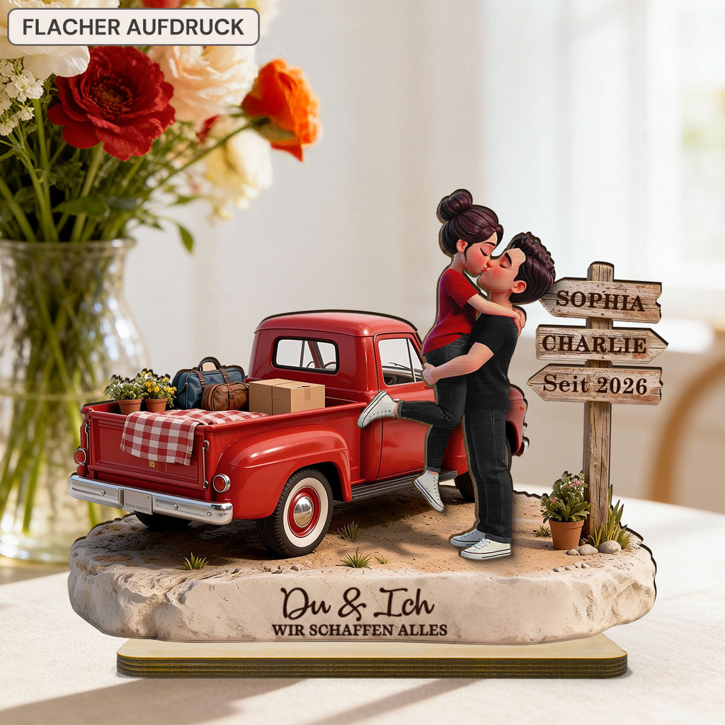 Paar und Wagen - Personalisierter Holzaufsteller mit Figuren und Text