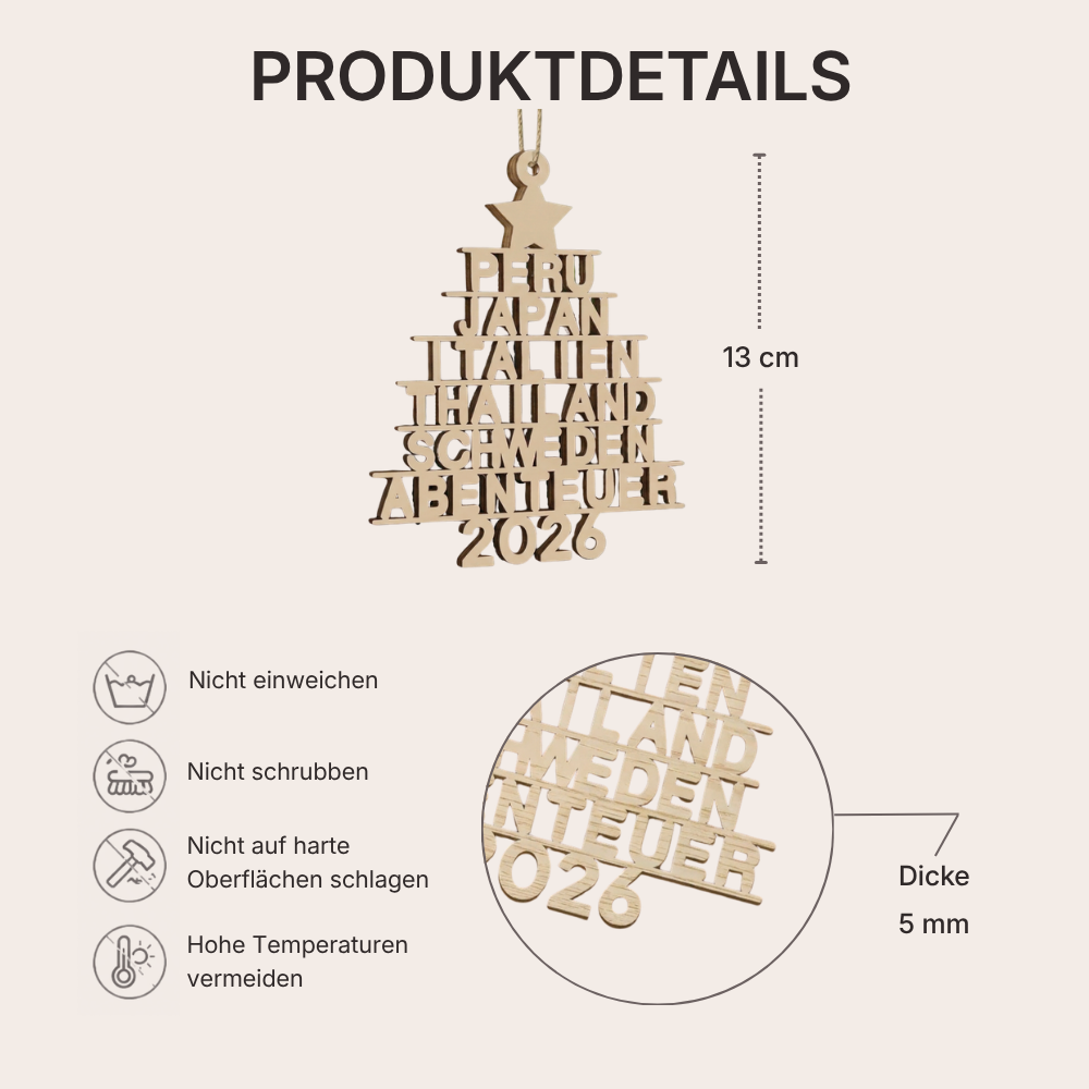 Personalisierter Holz-Weihnachtsanhänger mit individuellen Reisezielen