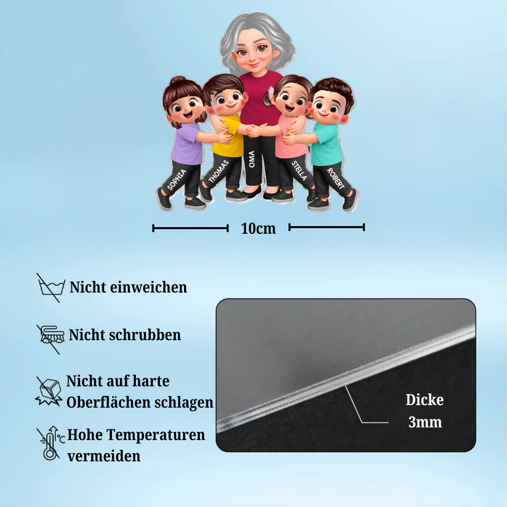 "Oma und Enkelkinder" Acryl-Kühlschrankmagnet mit Figuren und Namen