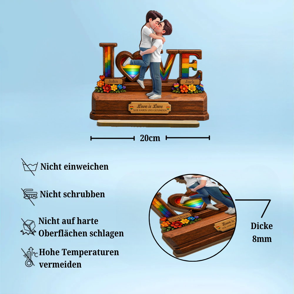 Personalisierter LOVE-Holzaufsteller mit Regenbogenmotiv für LGBT-Paar