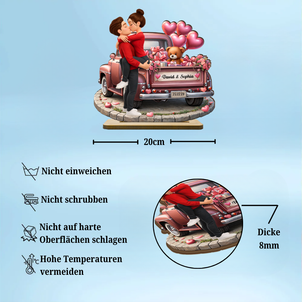 Lkw und küssendes Paar - Personalisierter Holzaufsteller mit Text und Datum