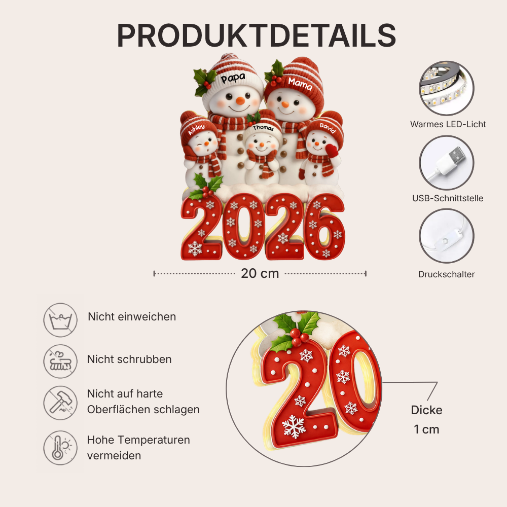 Personalisierte LED-Lichtbox für die Familie – Weihnachtsmotiv 2026 mit Namen