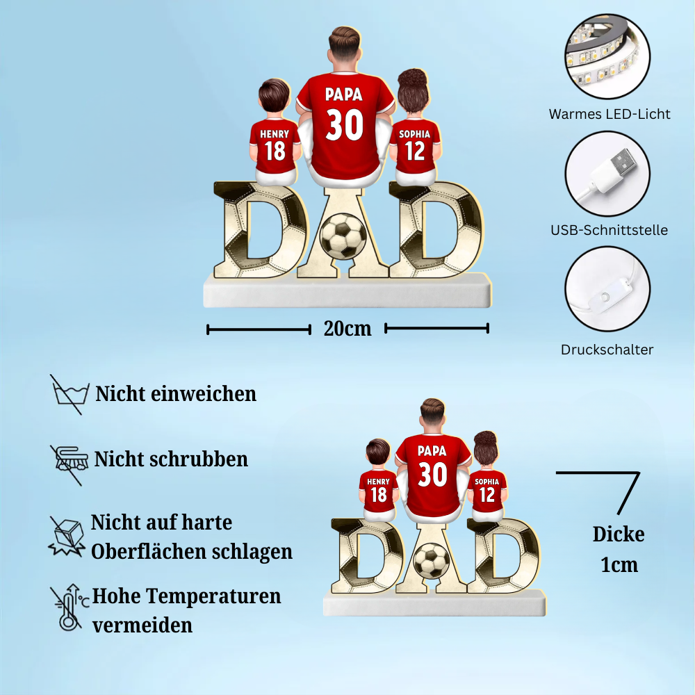 Papa's Dream Team – Personalisierte DAD-LED-Lichtbox mit Fußballfamilie und Namen