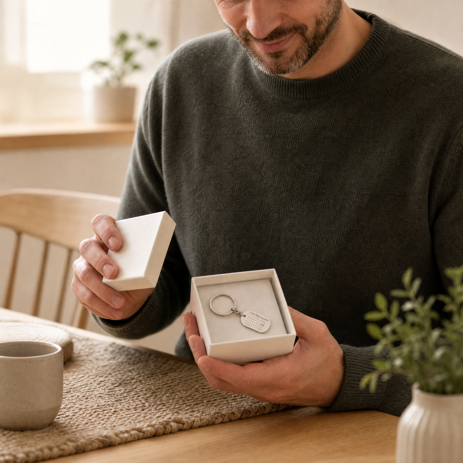 Ein Vater öffnet ein Geschenk mit einem personalisierten Kalender-Schlüsselanhänger